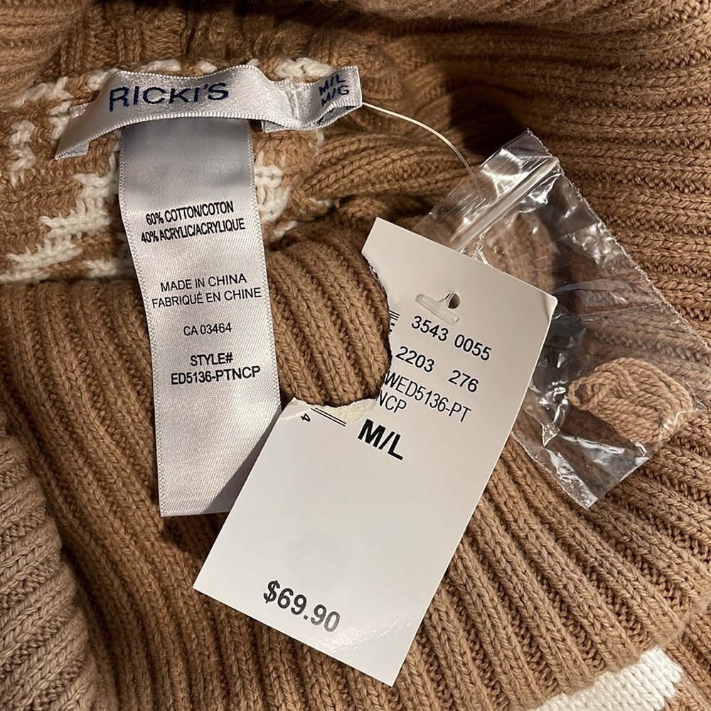 NWT Ricki's Chunky Knit Poncho with Cowl Neck in Tan/White Women's Size … - Picture 3 of 5